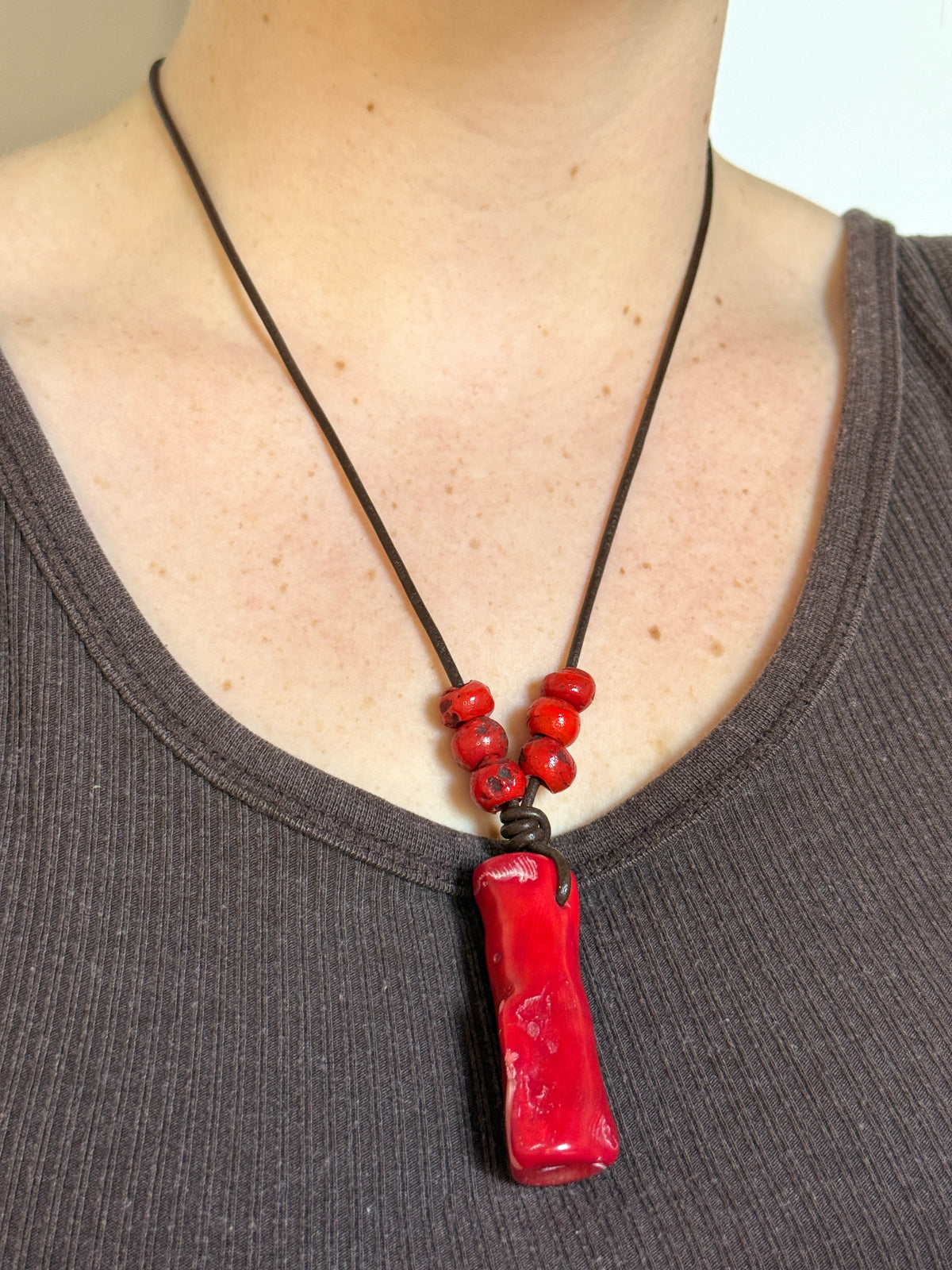 Vibrant Coral & Leather Necklace