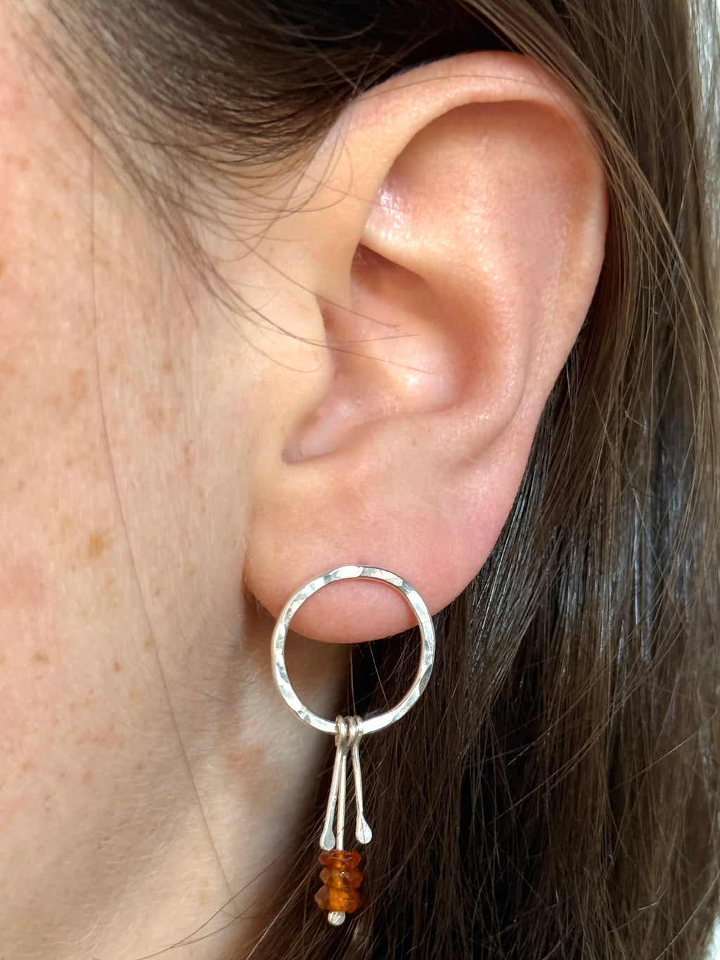 Orange Garnet Circle Stud Earrings
