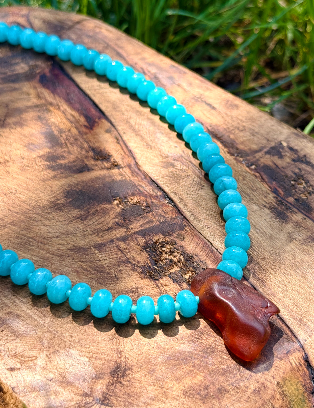 Bright Blue Jade & Amber Statement Necklace