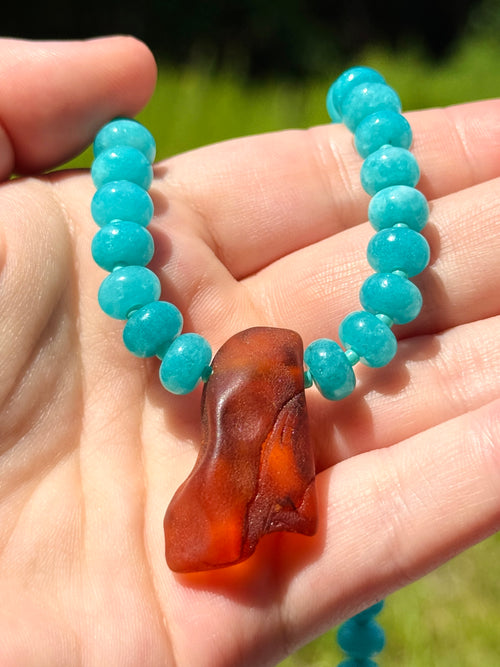 Bright Blue Jade & Amber Statement Necklace