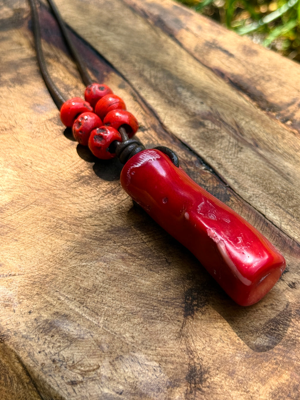 Vibrant Coral & Leather Necklace