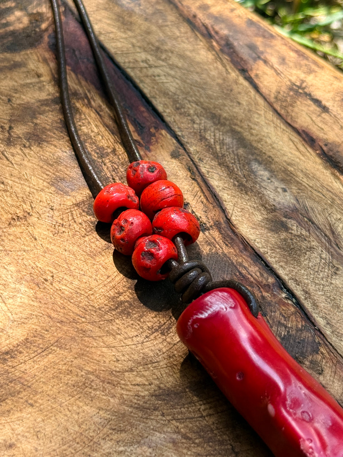 Vibrant Coral & Leather Necklace