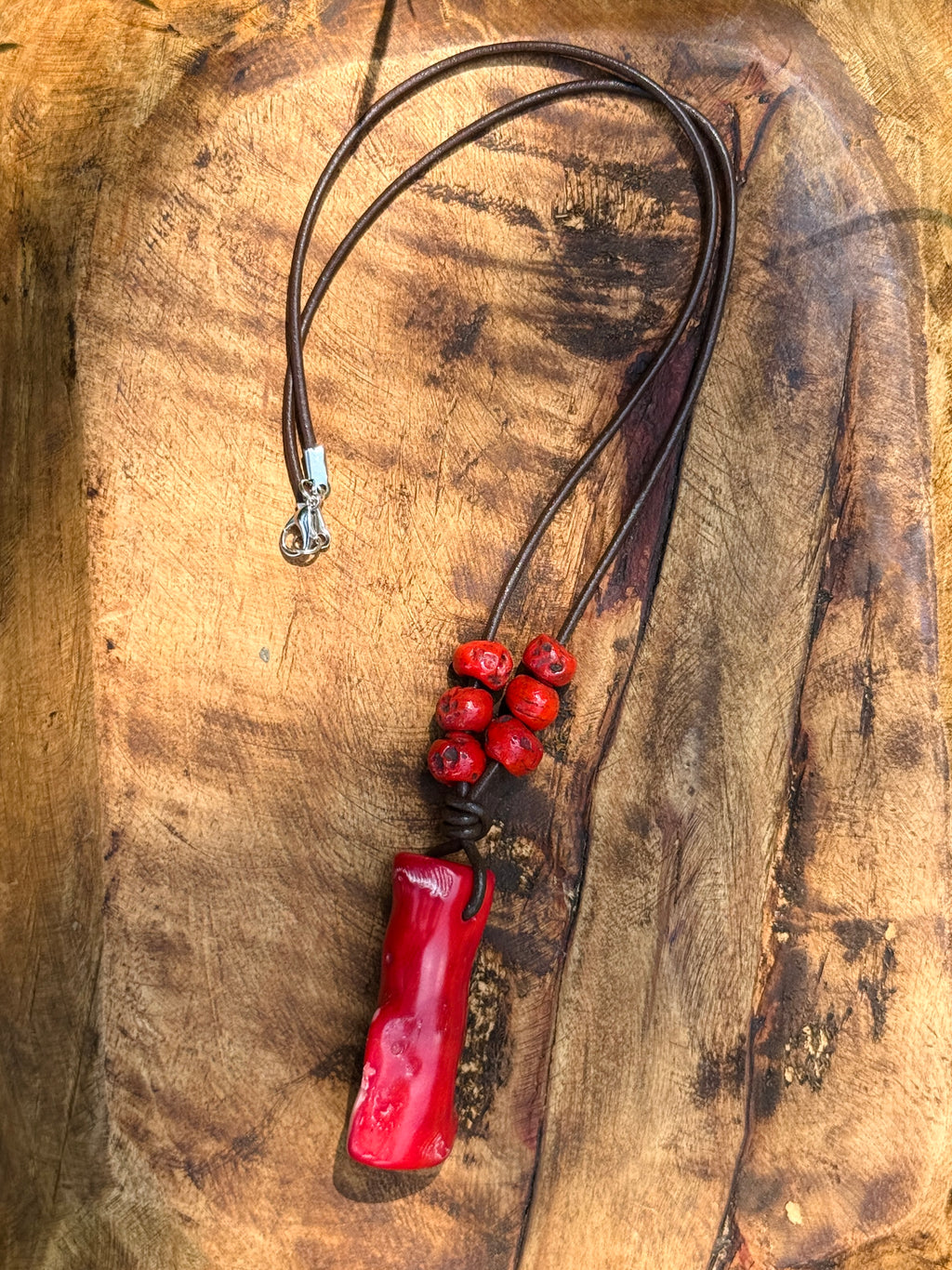 Vibrant Coral & Leather Necklace