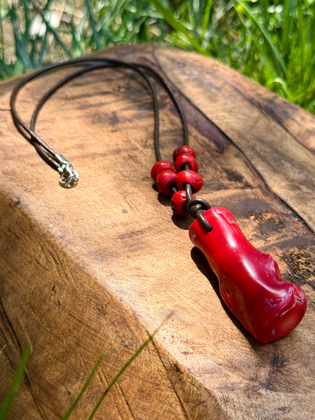 Vibrant Coral & Leather Necklace